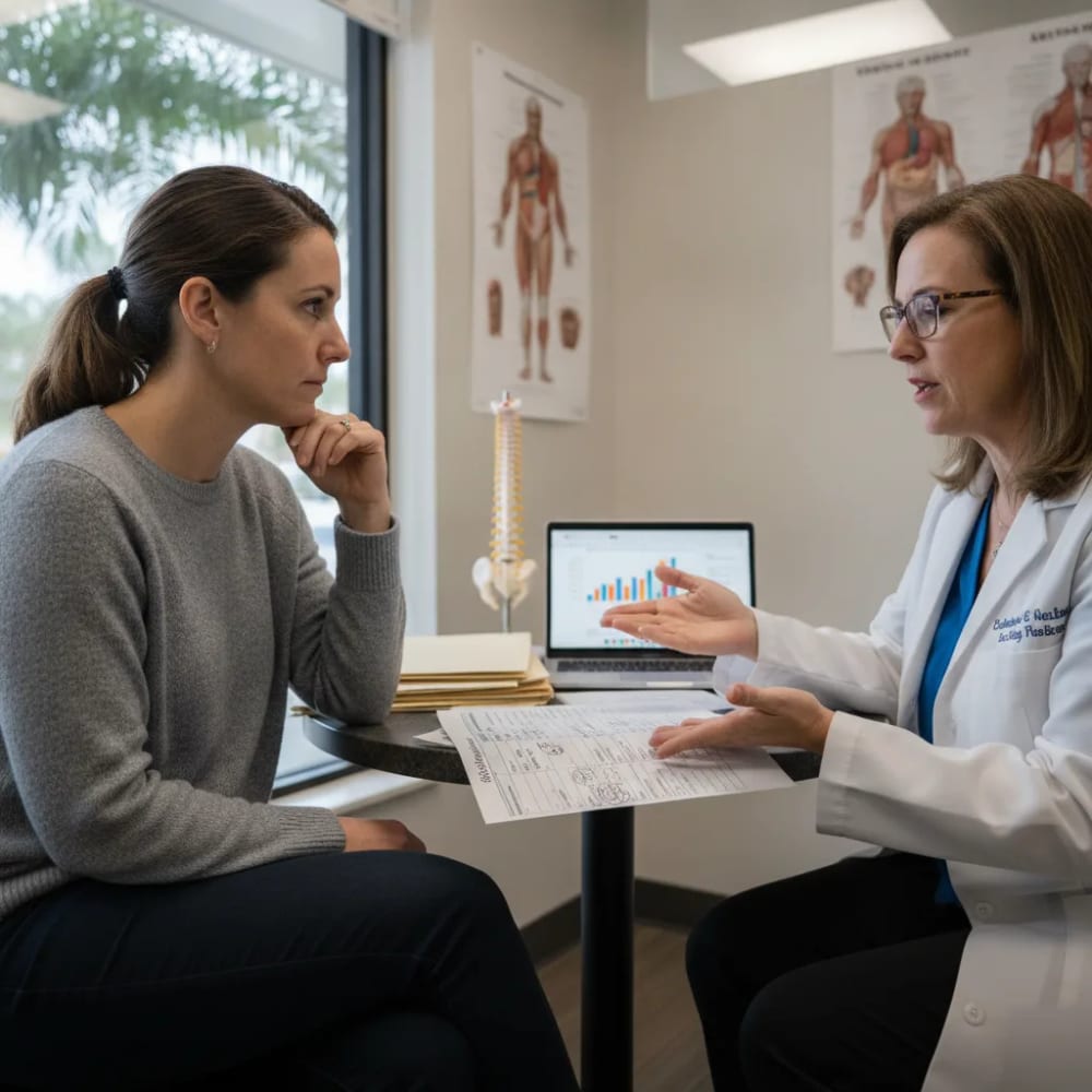 Nutritional therapy consultation session at a St. Petersburg chiropractic office Nutritional therapy practitioner talking with a patient during a consultation at a St. Petersburg chiropractic office