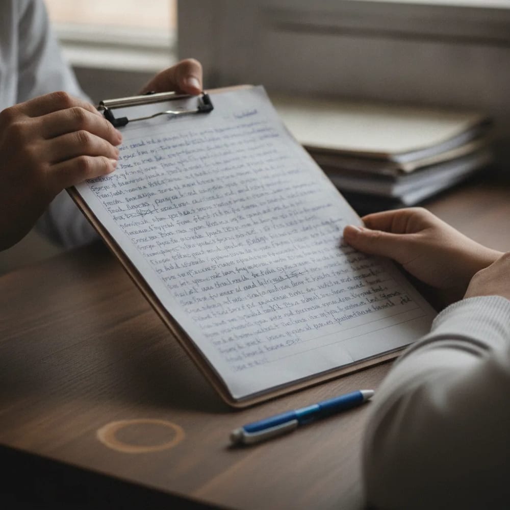 Reviewing a client's intake notes during a nutritional therapy visit Practitioner reviewing a handwritten intake form on a clipboard at a desk