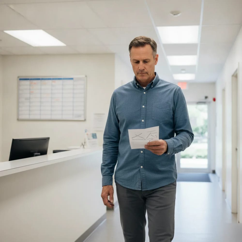 Leaving a session with a simple set of next steps Patient reading a set of nutrition next-steps while walking through a clinic hallway