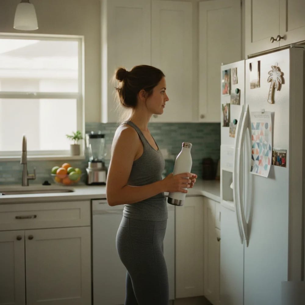 Hydration and fueling for an active St. Petersburg lifestyle Woman in workout clothes holding a water bottle in her kitchen after outdoor activity